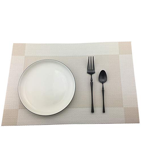 Vinyl Beige Placemats Heat Resistant Dining Table Mats Non-Slip Washable Place Mats Set of 6 （Beige） - color: Beige