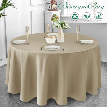 Biscaynebay Textured Fabric Round Tablecloths 108", Natural Water Resistant Table Cloth Circle Folding Table Covers Linen for Dining, Kitchen, Wedding, Parties etc. Machine Washable - color: Natural, size: 108" (Round)