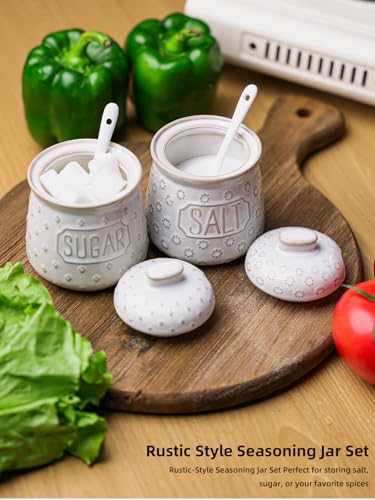 GDCZ 10 Oz Ceramic Salt and Sugar Bowls Set with Lid and Spoons (White) | Convenient Set of 2 for Kitchen, Includes Lids & Matching Spoons, 10oz Capacity, Embossed Pots - color: White
