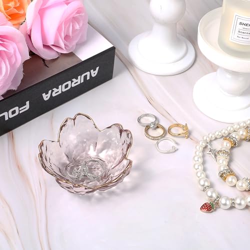 Ouligay Small Cute Jewelry Dish Tray Flower Jewelry Ring Dish Trinket Tray Ring Holder for Women Glass Jewelry Plate Dish with Gilt-Edged Blossom Design Gift for Wife Mom Daughter(Pink) - color: Pink