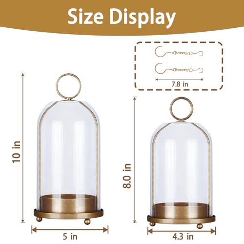 Metal Candle Holder Handmade Glass,Brass Dome Hurricane Glass Candle Holder | 5" & 4" Wide Can Be Placed Desktop Hung,for Pillar Candles,Plants Decorative Farmhouse, Shabby Chic