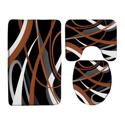 3 Piece Modern Geometric Bath Mat Set Brown Black Gray White Abstract Boho Geometric Striped Mid Century Vintage Farmhouse 17.8x29.5 Inches Bathroom Rugs,Toilet Seat Cover,U-Shaped Floor Rug - color: Black Brown, size: 1'6" x 2'6" (Rectangular)