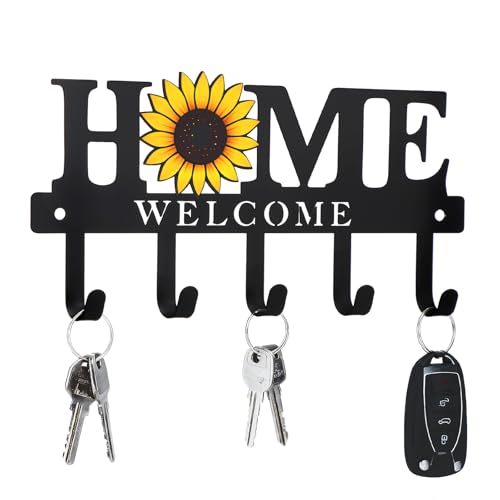 Key Holder Wall Mount Sunflower Metal Key Hooks Organizer Hanger Coat Rack with 5 Hooks Rustic Farmhouse Decorative Welcome Home Wall Decor for Entryway Bathroom Hallway Living Room 9.8 Inch - style: Sunflower