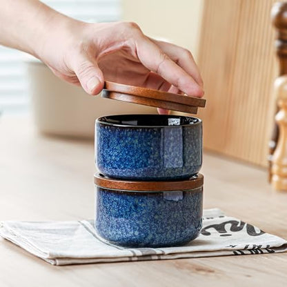 Ceramic Salt and Pepper Bowls: 9 oz Stackable Spice Cellars with Wooden Lids - Stacked Seasoning Storage Containers for Countertop Stovetop - Blue