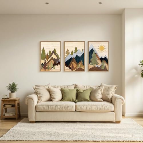 Ausri Boho Mountain Pine Tree Framed Canvas Wall Art Set -16"x24"x3 | Nature Wilderness Wall Decor Woodcut Forest Wall Painting Mid Century Modern Art Print for Living Room Bedroom Office - color: Boho Mountain Wall Art, size: 16"L x 24"W