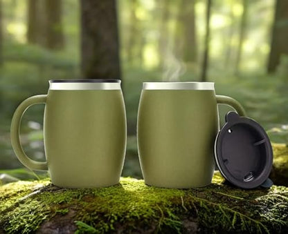 Stainless Steel Insulated Coffee Mugs Set of 2 (14oz) – Double Wall Coffee Cups With Spill Resistant Lid & Strong Handle, Shatterproof Cups for Cold Drinks, Hot Beverages, Indoor & Outdoor Use - color: Army Green
