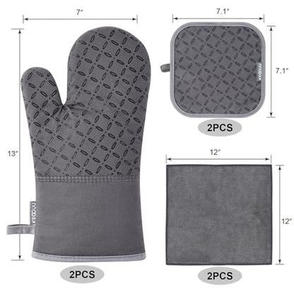KEGOUU Oven Mitts and Pot Holders 6pcs Set, Kitchen Oven Glove High Heat Resistant 500 Degree Extra Long Oven Mitts and Potholder with Non-Slip Silicone Surface for Cooking (Grey) - color: Gray