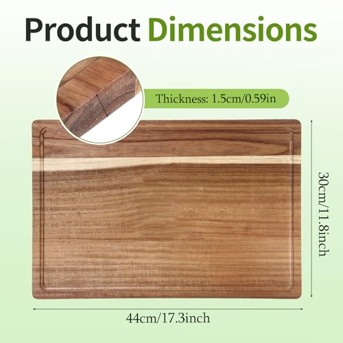17.3x11.8 Inch Acacia Wood Cutting Boards for Kitchen, Reversible Wooden Chopping Board Large Wooden Charcuterie Board with Deep Juice Grooves & Non-Slip Handle for Meat Turkey Fruit and Cheese