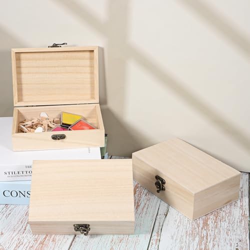 8 Pack Unfinished Wooden Box 6" x 4" x 2" DIY Storage Jewelry Boxes Small Keepsake Box for Crafts