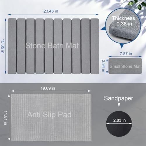 Foldable Stone Bath Mat, Quick Dry Diatomaceous Earth Bath Mat with Non-Slip Mat, Super Absorbent, Easy to Clean, Compact for Bathrooms&Kitchen Counter, 24"×16" & 8"x4", Grey