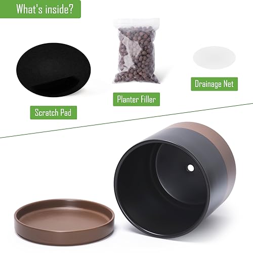 D'vine Dev 10 Inch Ceramic Planter Pot, Black/Tan, 94-O-E-7 | Modern Cylinder Design, Drainage Hole & Saucer Included, Stable Structure, Elegant Home Accent - color: Black/Speckled Tan, size: Large