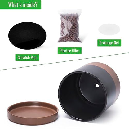 D'vine Dev 10 Inch Ceramic Planter Pot, Black/Tan, 94-O-E-7 | Modern Cylinder Design, Drainage Hole & Saucer Included, Stable Structure, Elegant Home Accent - color: Black/Speckled Tan, size: Large