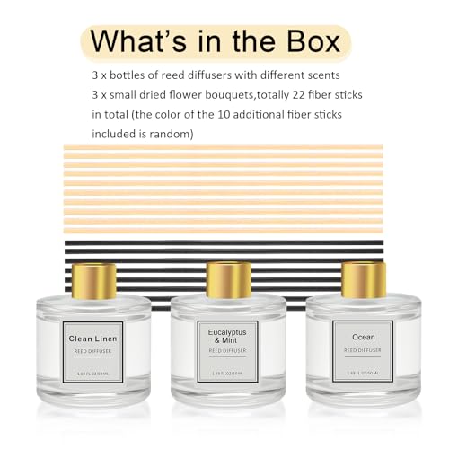 Reed Diffuser Set of 3 Pack,Clean Linen,Vanilla,Lemongrass Scented Oil Diffuser with 4 Sticks,Reed Diffusers for Home,Living Room,Bathroom Air Freshener Diffuser,50ml x 3