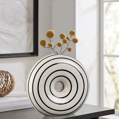 Ceramic Large Donut Vase Hand-Painted Glossy Finish, Unique Modern Home Accent, Flower Holder, Stylish Decor for Living Room, Coffee Table, Mid-Century Modern - size: Large