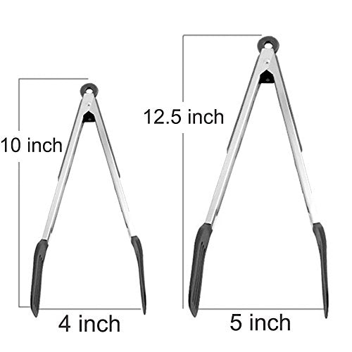 Cooking Tongs 9" and 12" Stainless Steel Kitchen Silicone Serving Tongs | Heat Resistant Meat Turner Spatula Tong Fish Tongs for Grilling Steak Salad Pasta Buffet Serving (Black) - color: Black, size: 9 & 12 inch