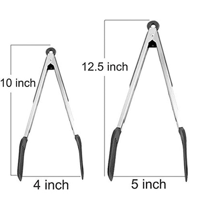 Cooking Tongs 9" and 12" Stainless Steel Kitchen Silicone Serving Tongs | Heat Resistant Meat Turner Spatula Tong Fish Tongs for Grilling Steak Salad Pasta Buffet Serving (Black) - color: Black, size: 9 & 12 inch