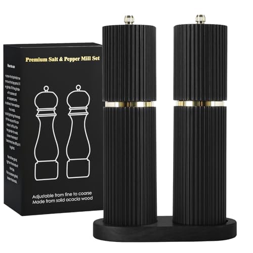 Wooden Salt and Pepper Grinder Set with Gold Accents, Salt and Pepper Grinder with Adjustable Coarseness, Beech Wood Pepper Grinder Manual,Salt and Pepper Shakers Matching Wooden Rray for Gifting - color: BLACK & BLACK