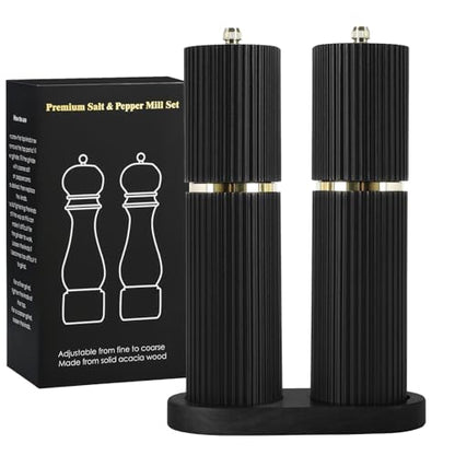 Wooden Salt and Pepper Grinder Set with Gold Accents, Salt and Pepper Grinder with Adjustable Coarseness, Beech Wood Pepper Grinder Manual,Salt and Pepper Shakers Matching Wooden Rray for Gifting - color: BLACK & BLACK