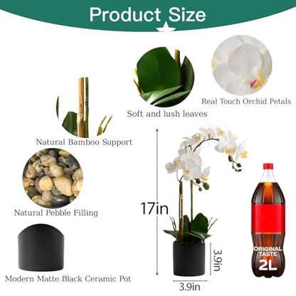 17" Artificial White Phalaenopsis Orchid in Modern Black Ceramic Pot | Realistic Faux Flower Arrangement for Bathroom, Bedroom, & Dining Table Decor - Low-Maintenance Luxury Home Accent