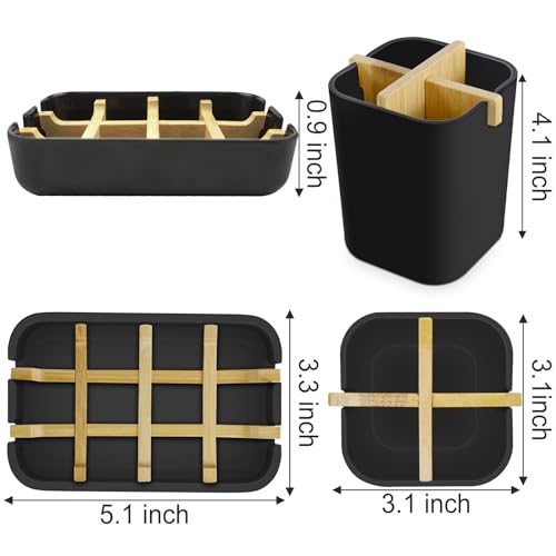 Toothbrush Holders and Soap Holder Set, Bathroom Accessories Countertop | 4 Slots Brush Holder, Plastic Soap Dish Tray, Bathroom Countertop Storage - color: Black