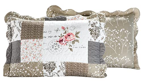 Brilliant Sunshine Pink Roses & Grey Toile Pillowshams Set, 20"x26"+2" | Patchwork Design, Quilted Standard Pillowcases, Washable Scallop Edge Pillow Covers, Pack of 2 - color: Rose Grey, size: 20 x 26 inches