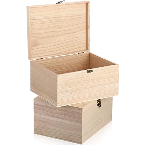 Yookeer 2 Pcs Large Unfinished Wooden Box with Hinged Lid and Front Clasp, Rectangle Unpainted Crafts DIY Wood Boxes Treasure Chest Stash Box for Art Gifts Jewelry Home Storage, 10.6x8.1x5.7 Inch