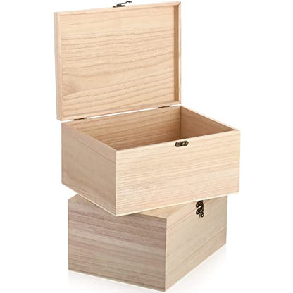 Yookeer 2 Pcs Large Unfinished Wooden Box with Hinged Lid and Front Clasp, Rectangle Unpainted Crafts DIY Wood Boxes Treasure Chest Stash Box for Art Gifts Jewelry Home Storage, 10.6x8.1x5.7 Inch