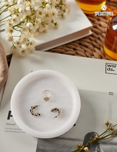 Marble Jewelry Dish, 5" Handmade White Ring Tray | Handmade trinket holder for earrings, necklaces, keys & candles, Catchall dish for vanity, nightstand & gift for women - color: White