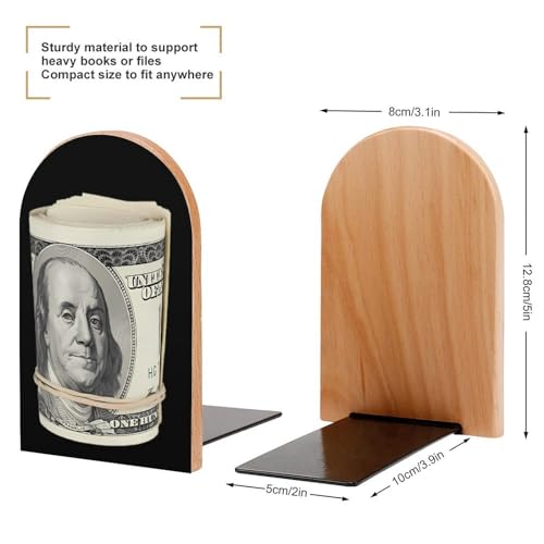 Money Roll 100 Hundred Dollar Decorative Bookends for Shelves Wood 1 Pair Desktop Book Stands for Home Office