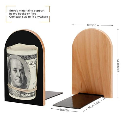 Money Roll 100 Hundred Dollar Decorative Bookends for Shelves Wood 1 Pair Desktop Book Stands for Home Office