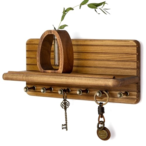 Rebee Vision Key Holder Wall Mount with 6 Hooks for Entryway, Light Brown | Pine Wood, Key Holder for Wall, Floating Shelf, Mail Organizer, Plant Display, Apartment Essential, Decorative Room Accent - color: Light Brown, size: Medium-11inch