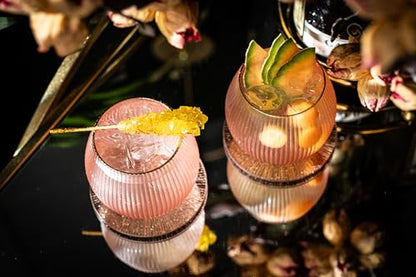 GLASSIQUE CADEAU Vintage Blush Pink Art Deco Gin and Tonic Glasses with Gold Rims | Set of 4 | 13.5 oz Stemless Crystal Balloons for Drinking Gin Cocktails | Retro Gift Goblets for Gin Lovers