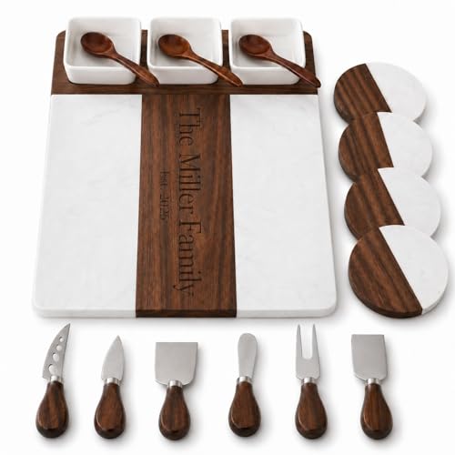 Personalized Charcuterie Board Set, Custom Engraved Marble Acacia Wood Cheese Board with Knife Set, Serving Board for Entertaining, Wedding, Valentines Day & Anniversary