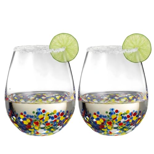 Large Stemless Wine Glasses – Set of 2-14oz Luxury Hand Blown Confetti Margaritas, Martini, Cocktails, Water, Wine, Dessert & Champagne Glasses Cinco de Mayo, Hand Blown - Mexican Confetti Glass - style: Mexican Confetti Wine Glass