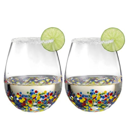 Large Stemless Wine Glasses – Set of 2-14oz Luxury Hand Blown Confetti Margaritas, Martini, Cocktails, Water, Wine, Dessert & Champagne Glasses Cinco de Mayo, Hand Blown - Mexican Confetti Glass - style: Mexican Confetti Wine Glass
