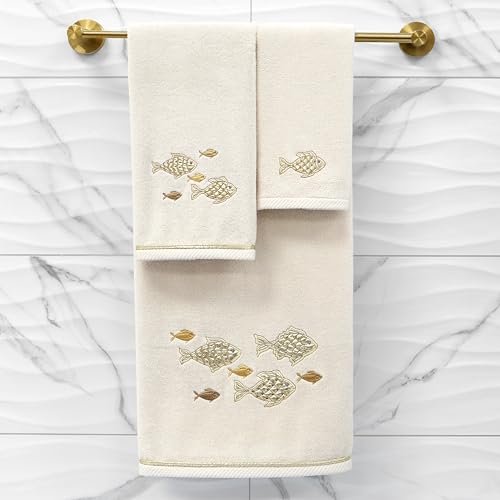 Treasure 4-Piece Premium Towel Set, Sparkling Applique Fish, Ultra Plush Turkish Cotton, Durable, Perfect for Bathroom, 2 Bath 2 Hand Towels, Beige - color: Beige, size: 2 Pcs Bath 2 Pcs Hand Towel