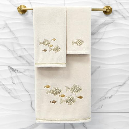 Treasure 4-Piece Premium Towel Set, Sparkling Applique Fish, Ultra Plush Turkish Cotton, Durable, Perfect for Bathroom, 2 Bath 2 Hand Towels, Beige - color: Beige, size: 2 Pcs Bath 2 Pcs Hand Towel