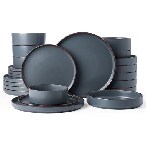 Famiware Nebula Ridge 24-Piece Dinnerware Set with Pasta Bowls, Charcoal | Stoneware Plates and Bowls for 6, Warm Hand-Painted Rims, Microwave and Dishwasher Safe - color: Charcoal, size: Service for 6 (Include Pasta Bowls)
