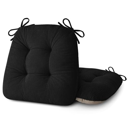 ELFJOY Dining Chair Cushions Set of 2 Non Slip 18"X18"X3" Black | Thick,Textured Fabric, with Ties, Tufted, Large, for Kitchen, Dining Room, Indoor, Bedroom, Living Room, Office, Comfortable - color: Black