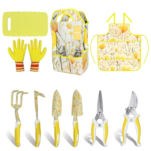 Yellow Garden Tools Set 10 Pieces, Gardening Gifts for Women | Aluminum Alloy Steel Hand Tool Kit w/Non-Slip Ergonomic Handle, Floral Print Garden Supplies Organizer Handbag, Gardening Set - color: yellow