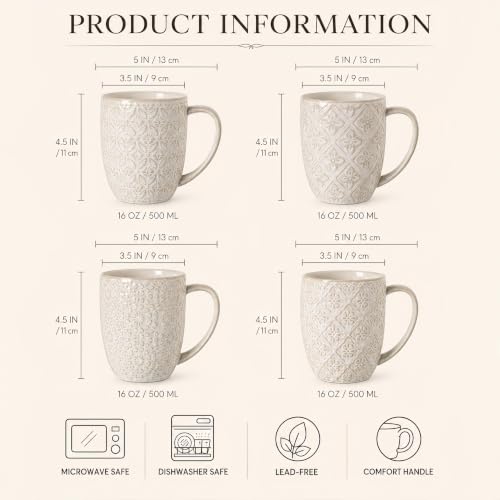 Coffee Mugs Set of 4, 16 Oz Ceramic Coffee Mugs, Large Porcelain Embossed Cups for Cocoa, Tea, Milk, Mocha, Cappuccino, Microwave & Dishwasher Safe, Comfort Handle, 3.5 x 4.5 inch - color: C1
