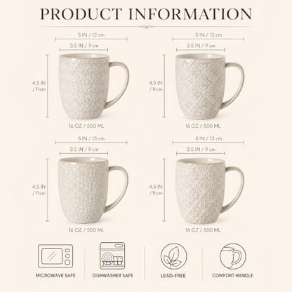 Coffee Mugs Set of 4, 16 Oz Ceramic Coffee Mugs, Large Porcelain Embossed Cups for Cocoa, Tea, Milk, Mocha, Cappuccino, Microwave & Dishwasher Safe, Comfort Handle, 3.5 x 4.5 inch - color: C1