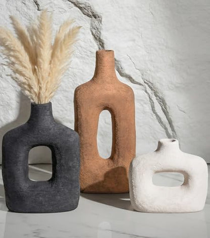 DREAMLOOM Ceramic Vase Set of 3, Black, Rust | Square Cutout, Farmhouse Rustic, Wabi-Sabi, Home Decor, Living Room Bedroom Kitchen Shelf Centerpiece - color: Rust Red Combo - Hollow Design
