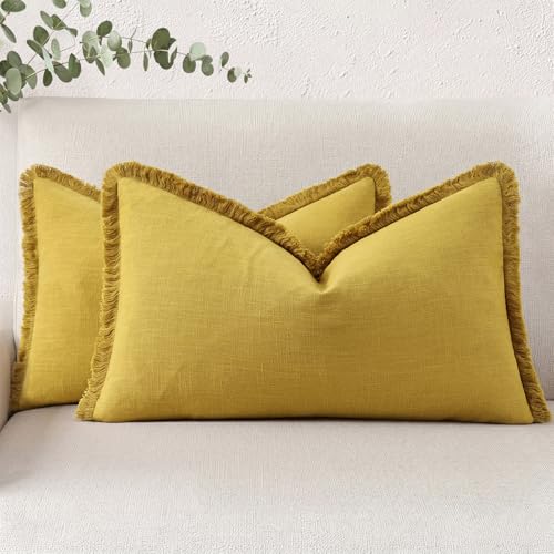 decorUhome Linen Fringe Mustard Yellow Throw Pillow Covers 12x20 Set of 2 | Decorative Soft Accent Modern Boho Farmhouse Lumbar Cushion Covers with Tassels Cotton Pillow Covers for Couch Bed Sofa - color: Mustard Yellow, size: 20" x 12" (Pack of 2)