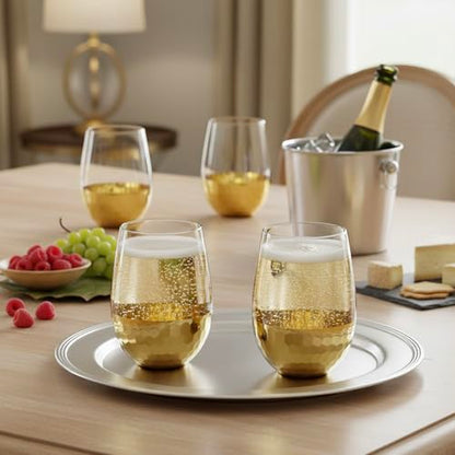 MyGift Modern Stemless Champagne Flute Glass Set of 4 Party Drinkware, Cocktails Prosecco Mimosa Glasses with Hammered Brass Plated Bottoms (Brass-Short) - color: Brass-Short
