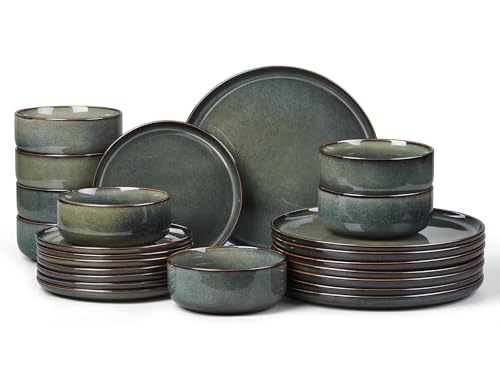 E-far Dinnerware Sets for 8, 24-Piece Stoneware Plates and Bowls Set, Ceramic Dishes Reactive Glaze Dinning Ware, Microwave & Dishwasher Safe - Obsidian Green - color: Obsidian Green, size: Service for 8