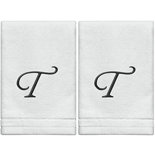 Monogrammed Towels Fingertip, Personalized Gift, 11 x 18 Inches - Set of 2- Black Embroidered Towel - Extra Absorbent 100% Cotton- Soft Velour Finish - For Bathroom/ Kitchen/ Spa- Initial T (White) - color: T