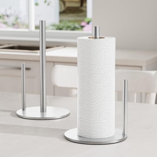 Paper Towel Holder Silver Stainless Steel Kitchen Countertop Roll Organizer | Standing Paper Towel Holders Roll Dispenser Simple Silver Weighted Base - color: Silver