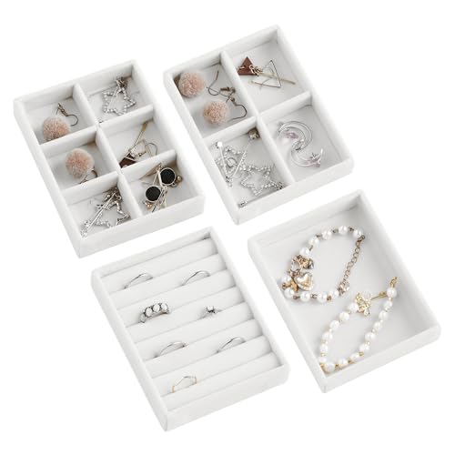 Small Jewelry Organizer for Drawer,Set of 4 Velvet Jewelry Trays | Jewelry Box Inserts,Drawer Inserts,Vanity Drawer Organizer,Mini Size,Stackable Earring Organizer,Adjustable Dividers - color: White, size: Set 4