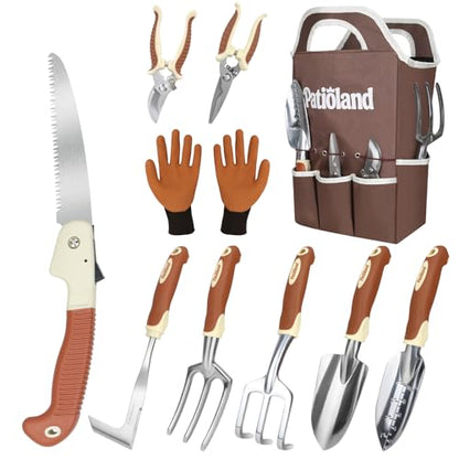 Brown Garden Tools Set 10-Piece, Gardening Gifts for Women Men | Aluminum, Heavy Duty Gardening Hand Tools With Non-Slip Ergonomic Handles, Gloves, Organizer Tote Bag, Garden Starter Kit - color: brown-10pcs